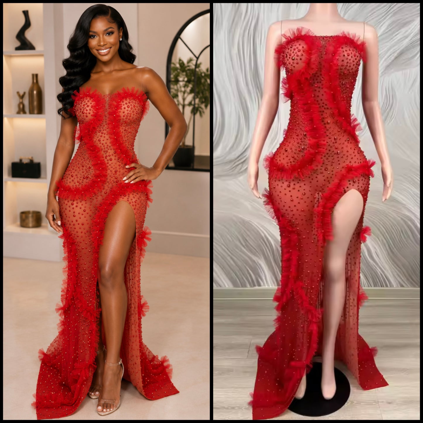 Sexy Strapless Ruffle Rhinestone See Through Side Split Maxi Dress