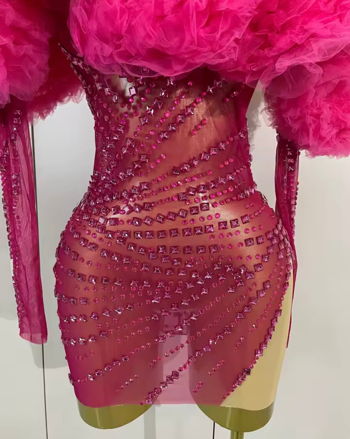 Pink Ruffle Off The Shoulder Sexy Rhinestone Dress