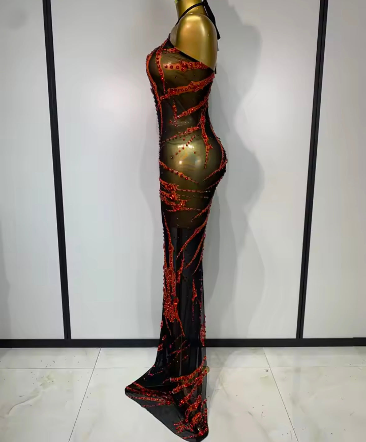 Sexy Halter Sleeveless Black Rhinestone Maxi Dress