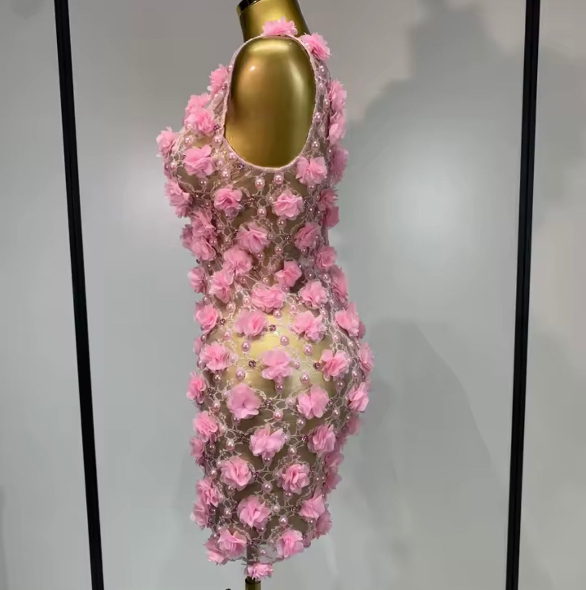 Sleeveless Pink Floral Beaded Sexy Short Dress