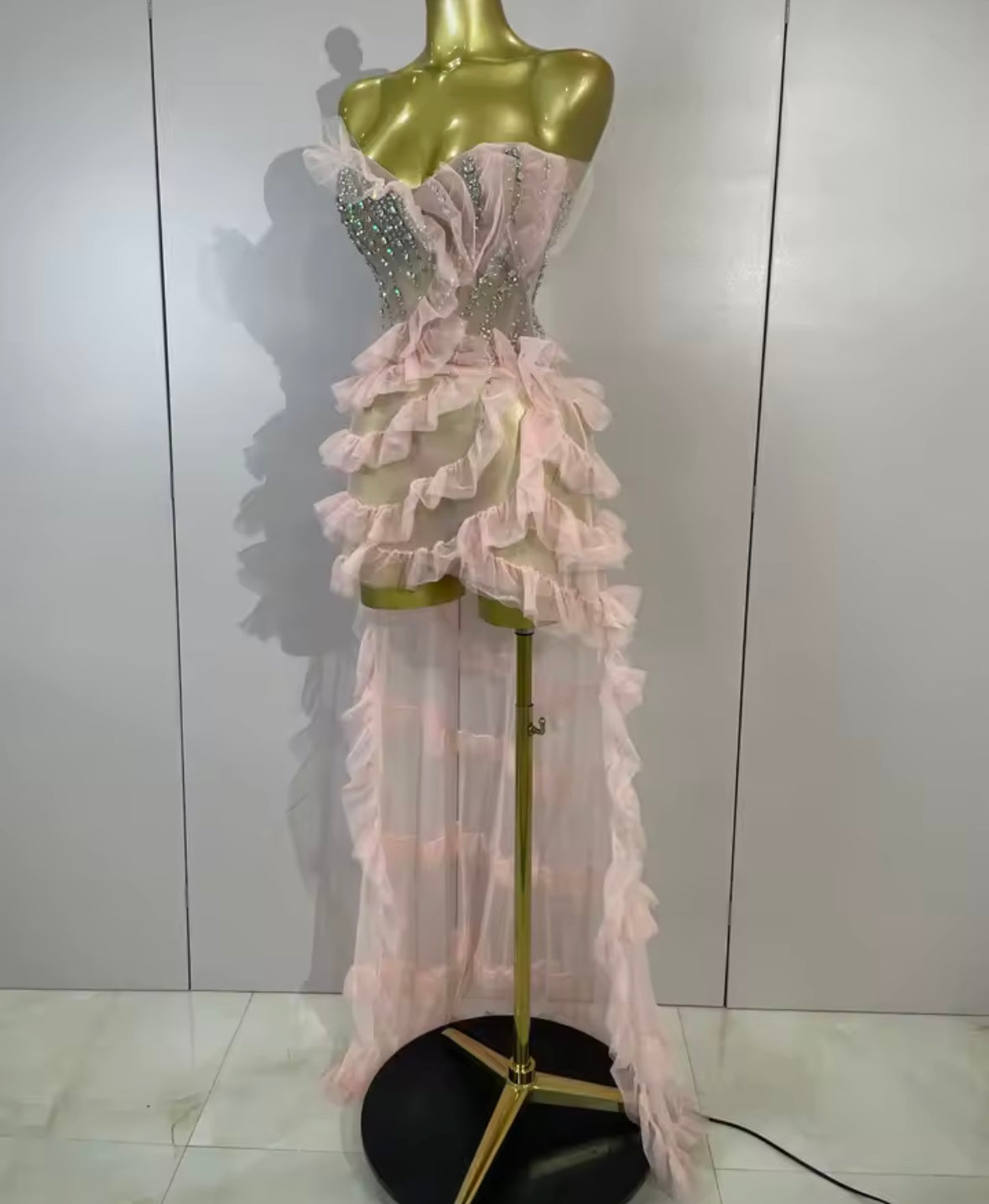 Pink Strapless Sexy Rhinestone Ruffle Asymmetrical Dress