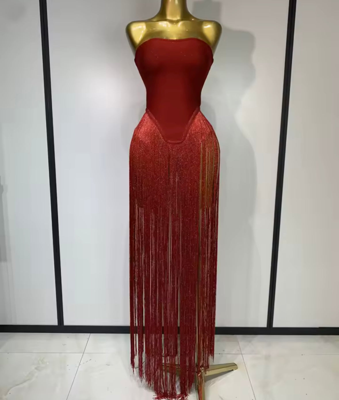 Sexy Strapless Fringe Tassel Maxi Dress