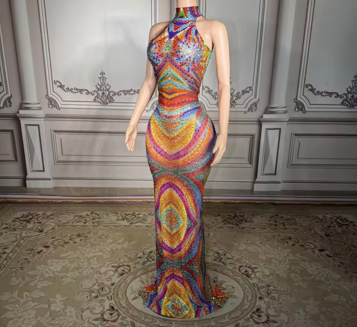 Multicolored Rhinestone Sexy Sleeveless Maxi Dress