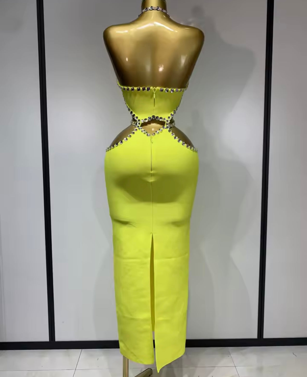 Yellow Beaded Sleeveless Hollow Out Elegant Maxi Dress
