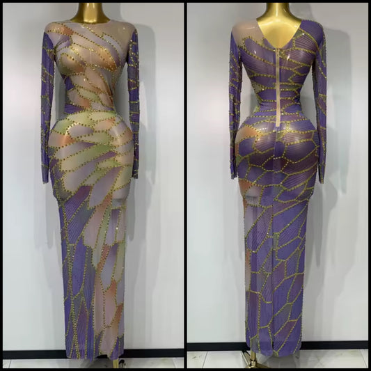 Sexy Multicolored Rhinestone Full Sleeve Floor-Length Dress