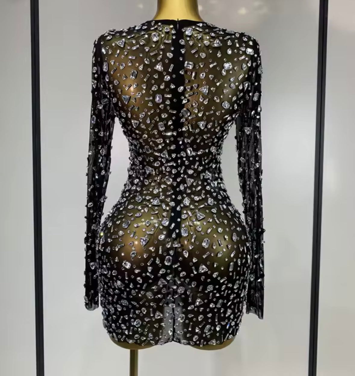 Sexy See Through Crystal Full Sleeve Short Dress