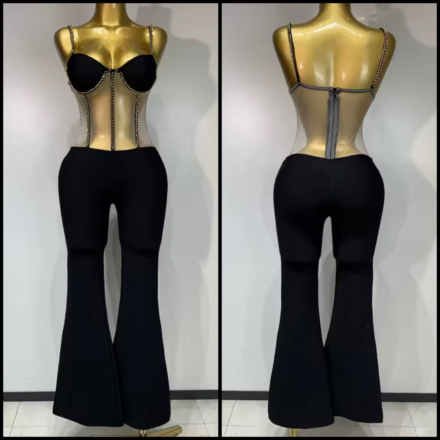 Sexy Chain Sleeveless Black Mesh Patchwork Jumpsuit