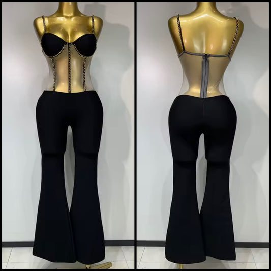 Sexy Chain Sleeveless Black Mesh Patchwork Jumpsuit