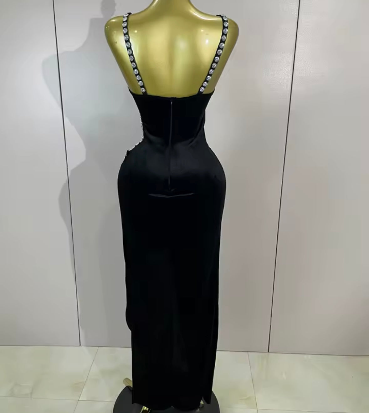Sexy Sleeveless Rhinestone Black Hollow Out Side Split Maxi Dress