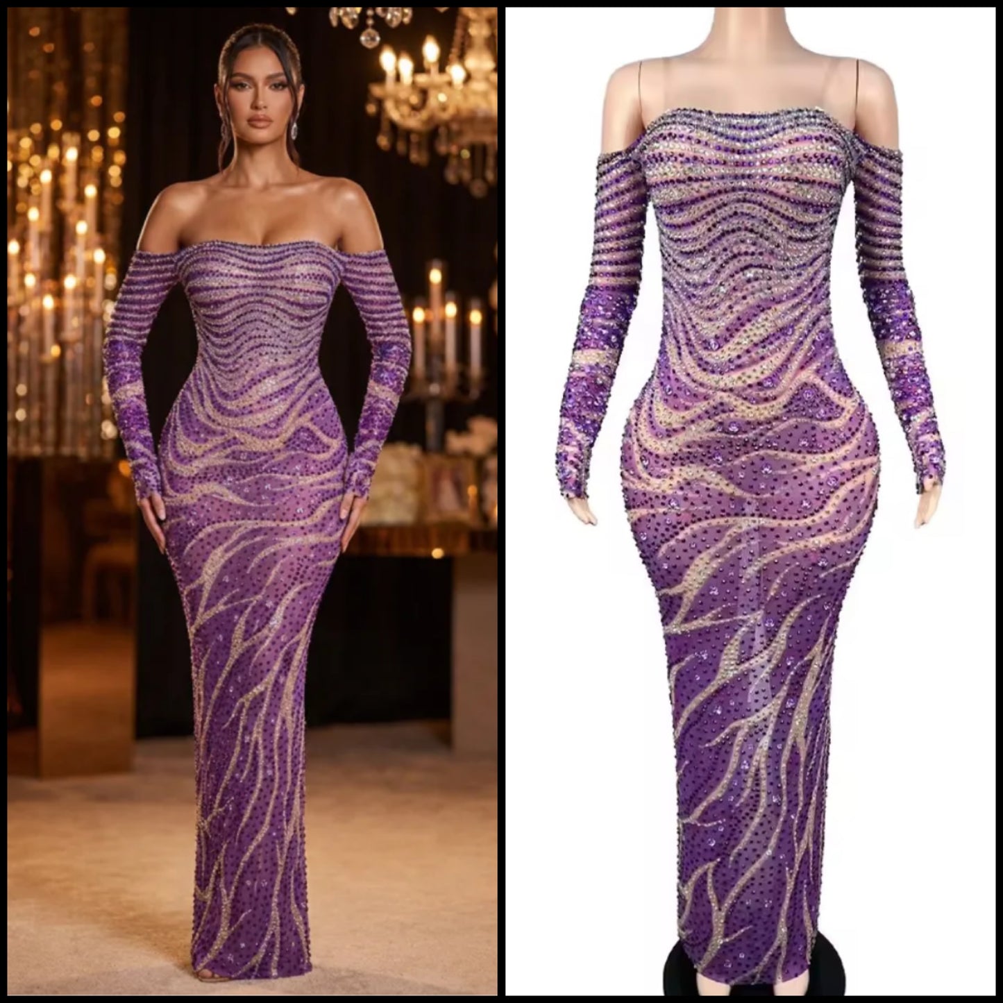 Purple Sexy Off The Shoulder See Through Rhinestone Maxi Dress