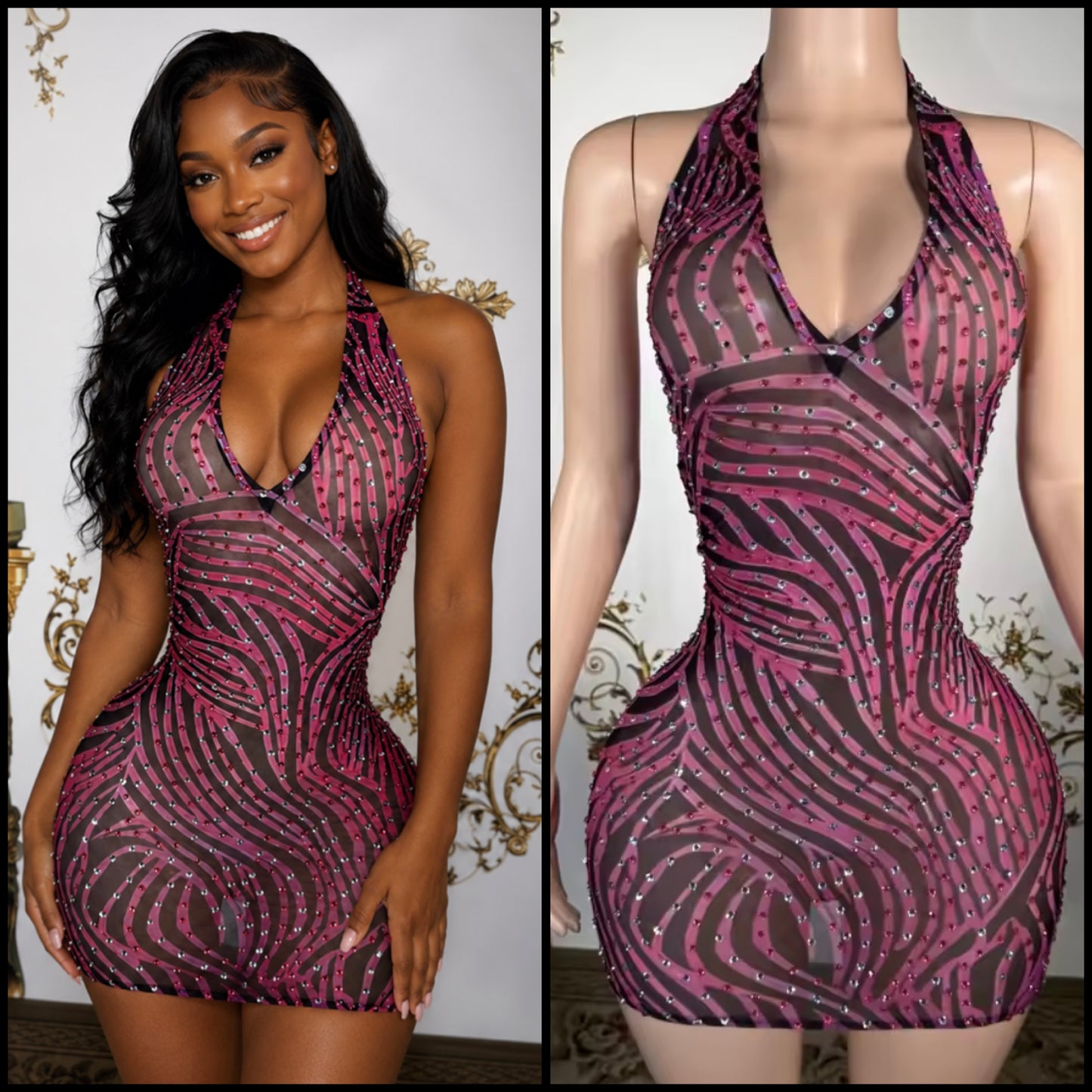 Sexy Striped Halter Sleeveless Rhinestone Dress