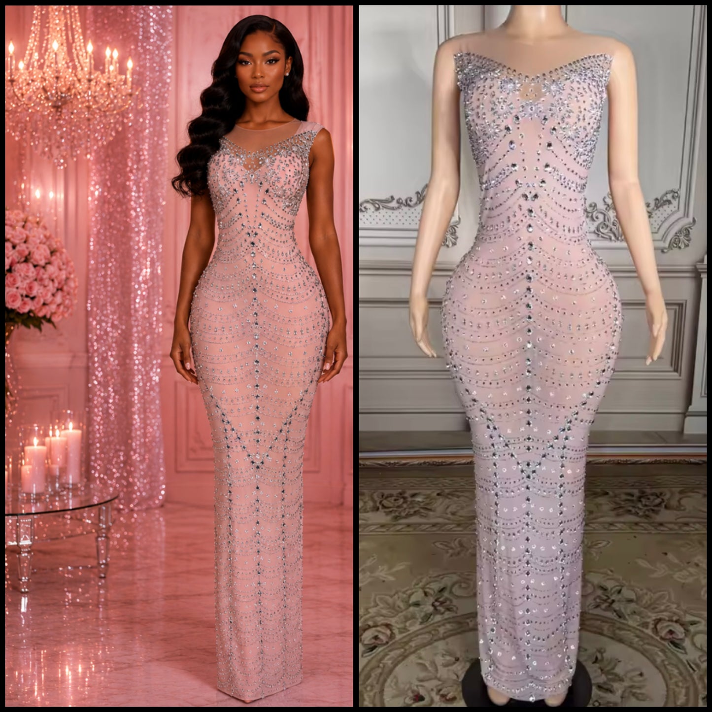 Sexy Pink Rhinestone Sleeveless Floor-Length Dress
