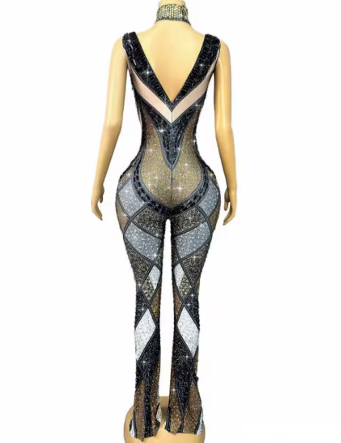 Sexy Choker Sleeveless Color Patchwork Rhinestone Jumpsuit