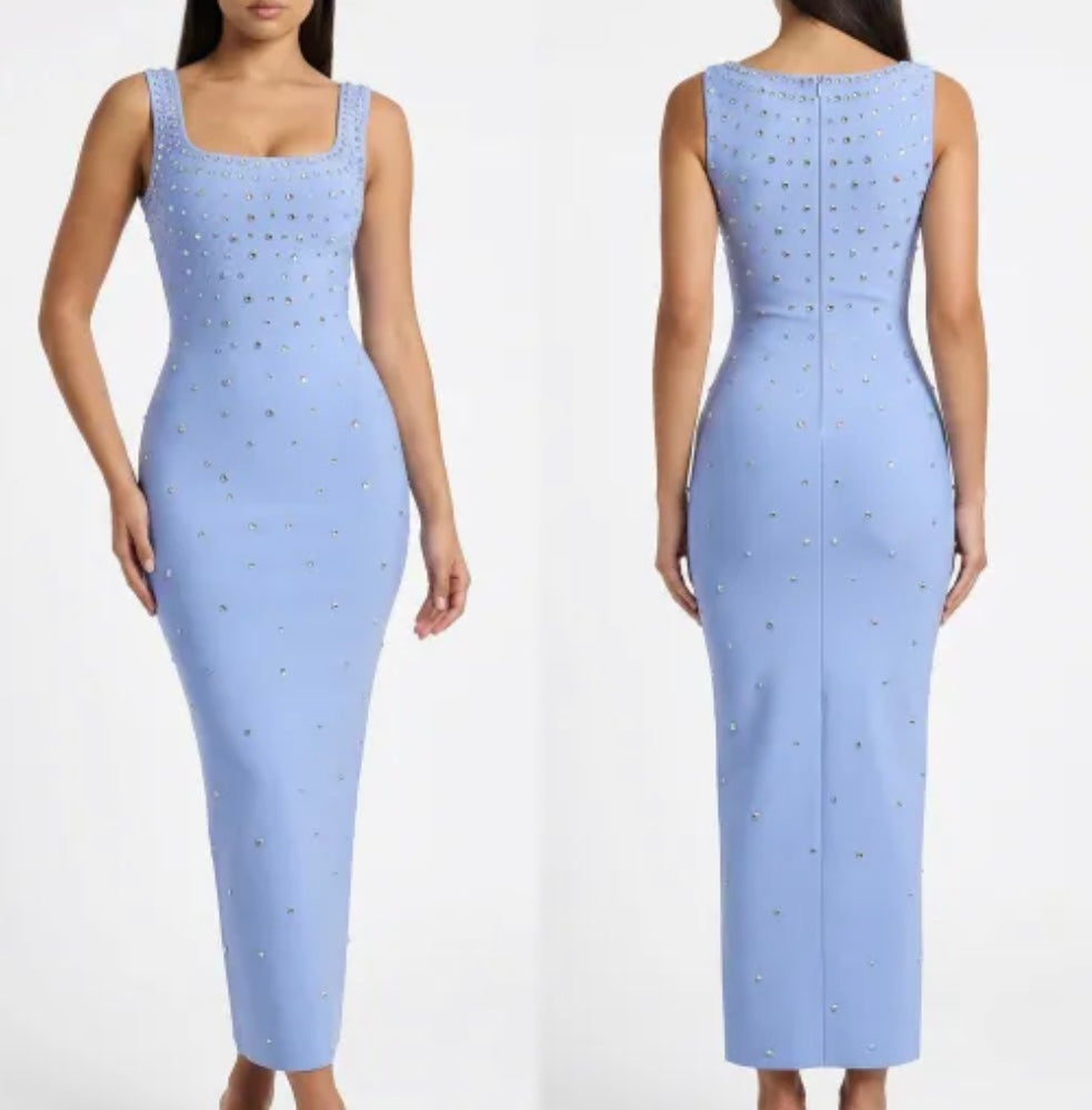 Sleeveless Elegant Rhinestone Embellishment Midi-Length Dress