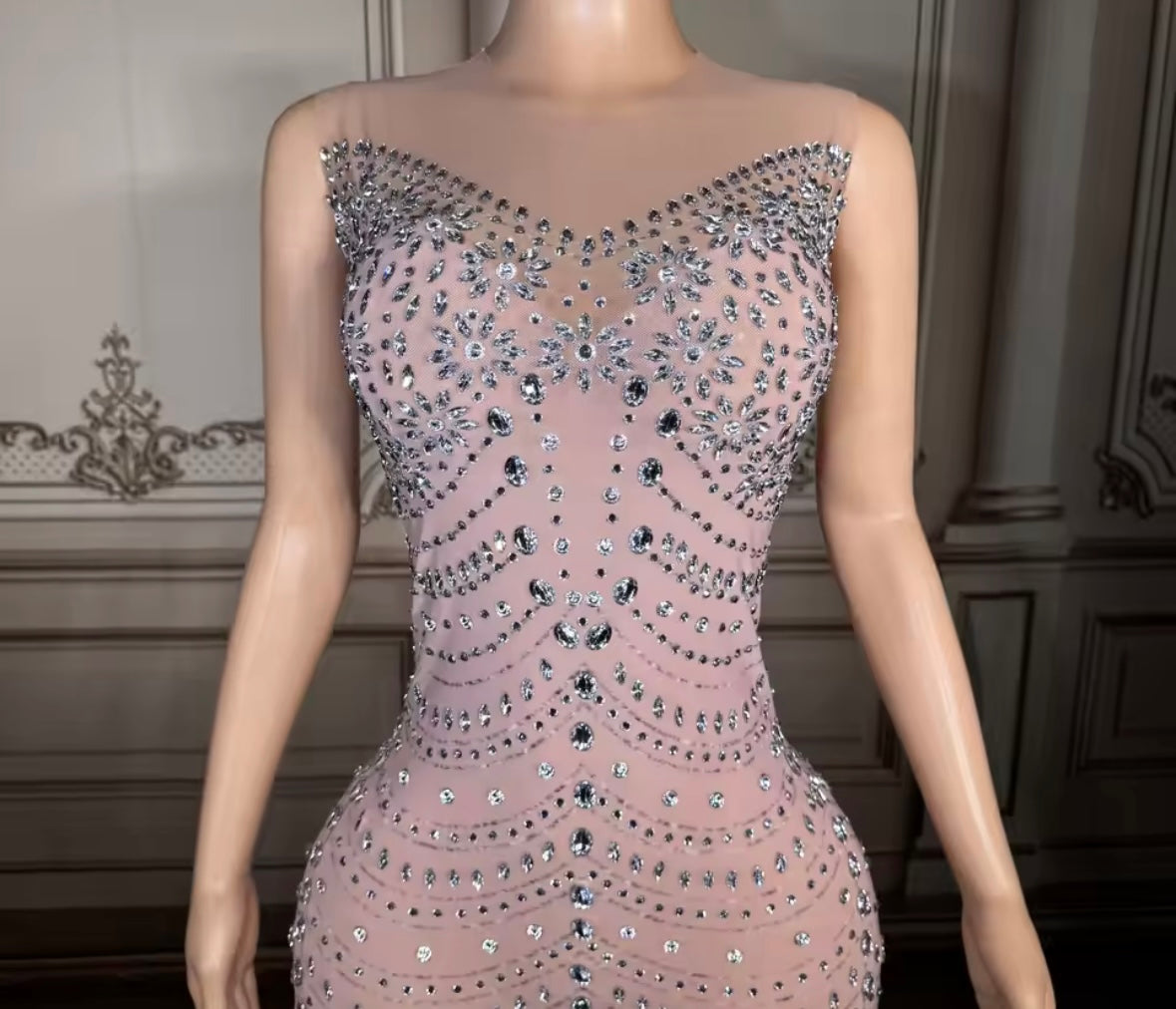 Sexy Pink Rhinestone Sleeveless Floor-Length Dress