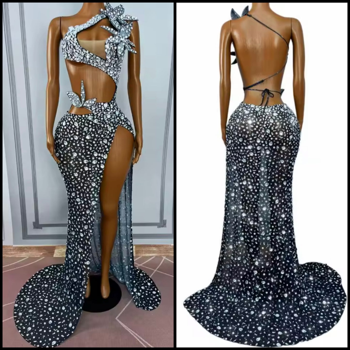 Sexy One Shoulder Sleeveless Floral Rhinestone Side Split Maxi Dress