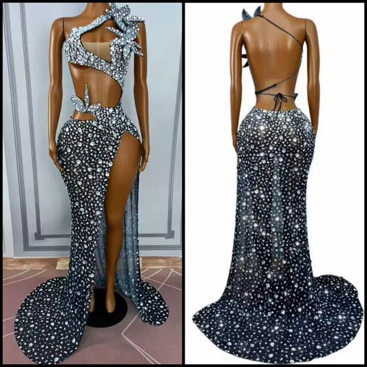 Sexy One Shoulder Sleeveless Floral Rhinestone Side Split Maxi Dress
