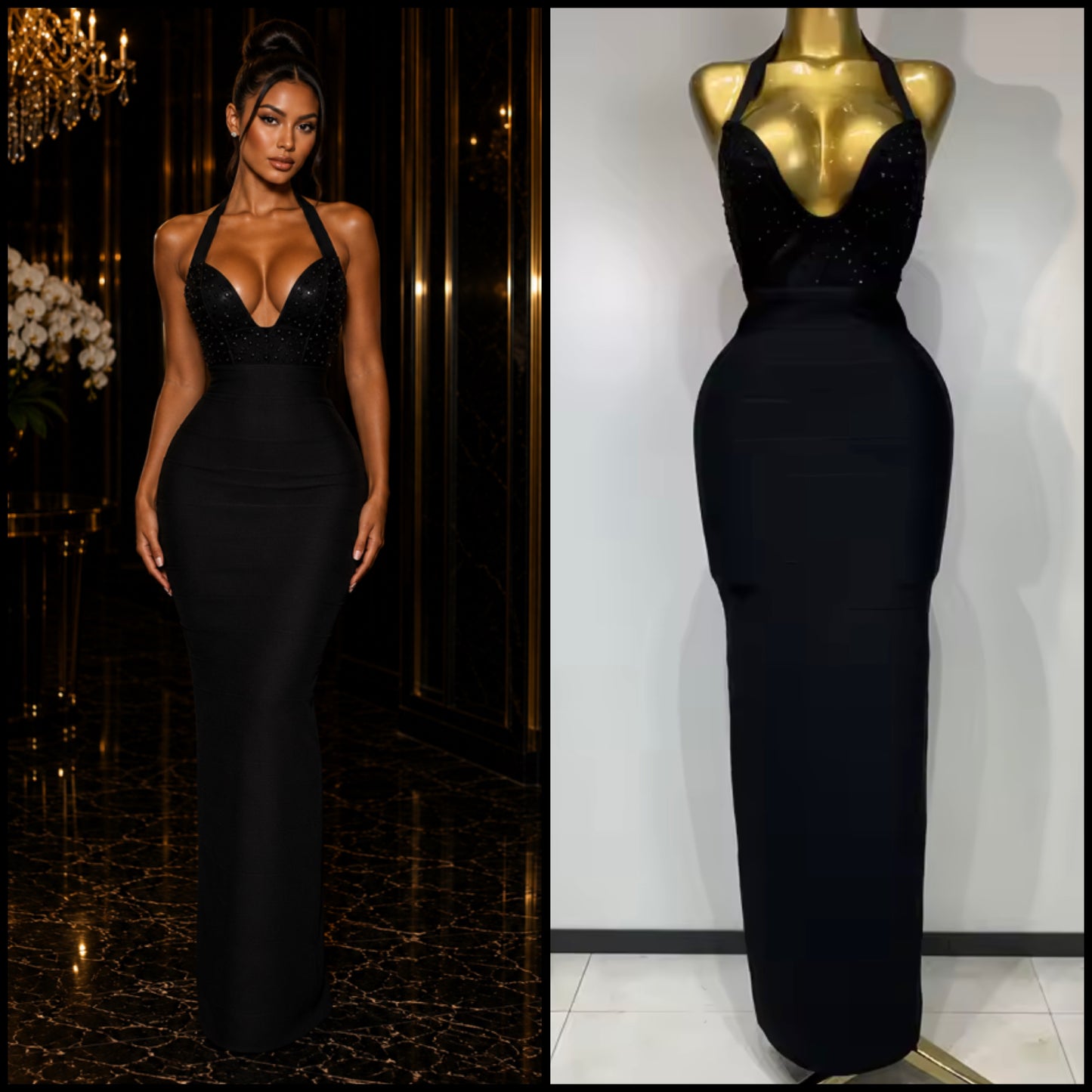 Black Sexy Halter Sleeveless Rhinestone Maxi Dress