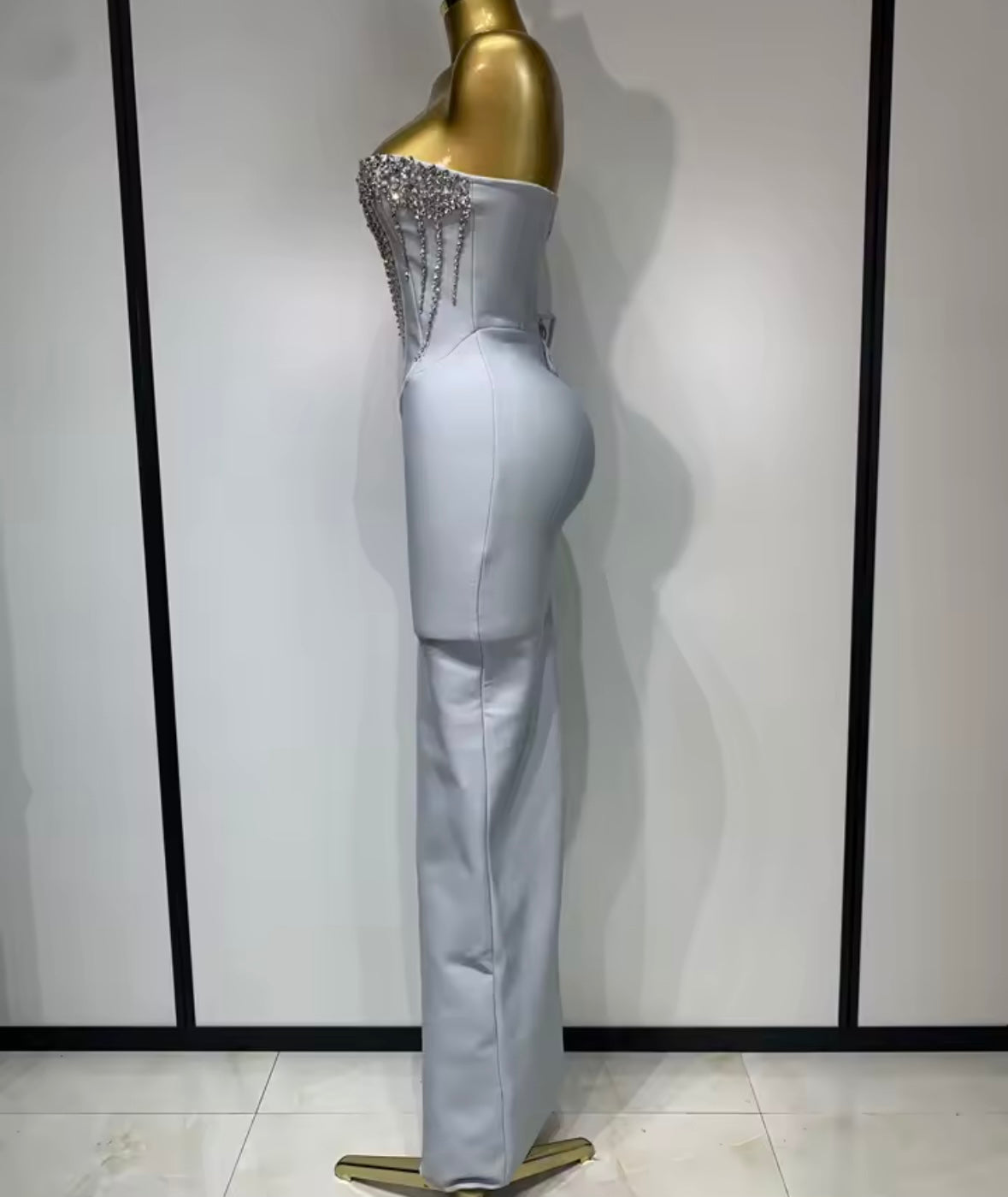 Elegant Light Gray Rhinestone Strapless Corset Maxi Dress