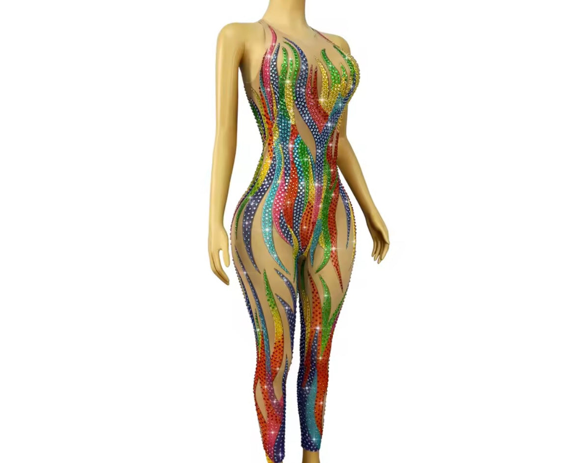 Sexy Sleeveless Multicolored Print Rhinestone See Through Jumpsuit