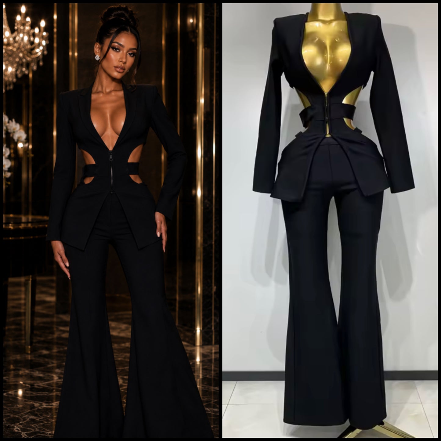 Black Sexy Hollow Out Full Sleeve Blazer Pant Set
