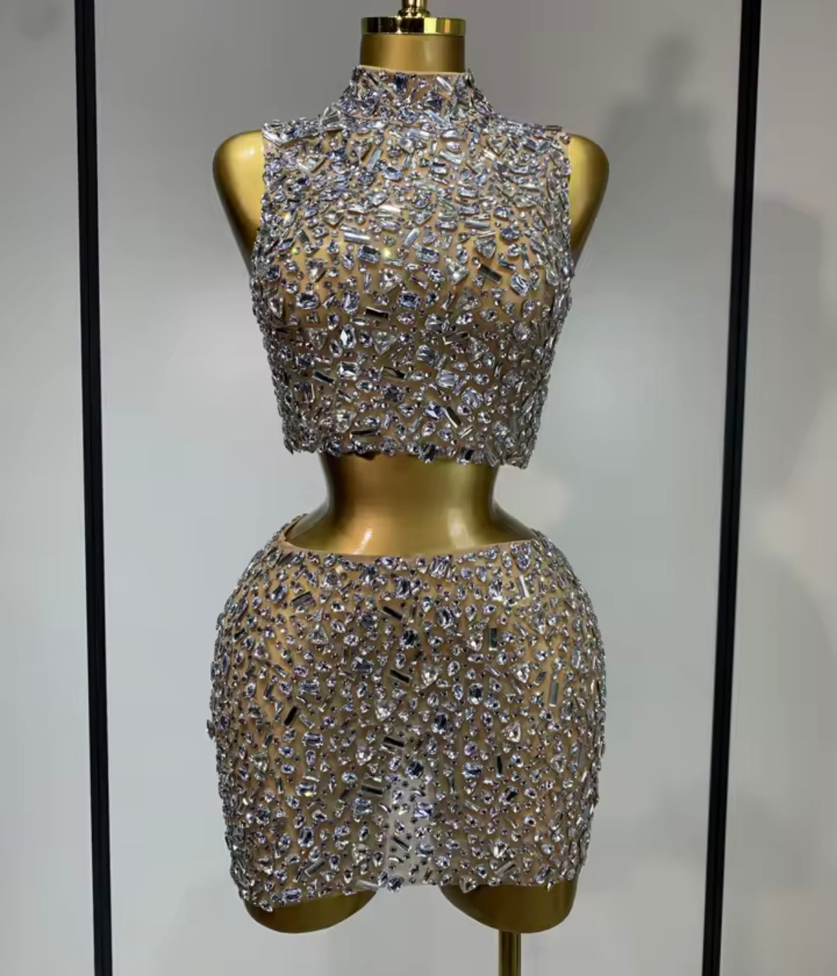 Sexy Sleeveless Chain Open Back Rhinestone Skirt Set