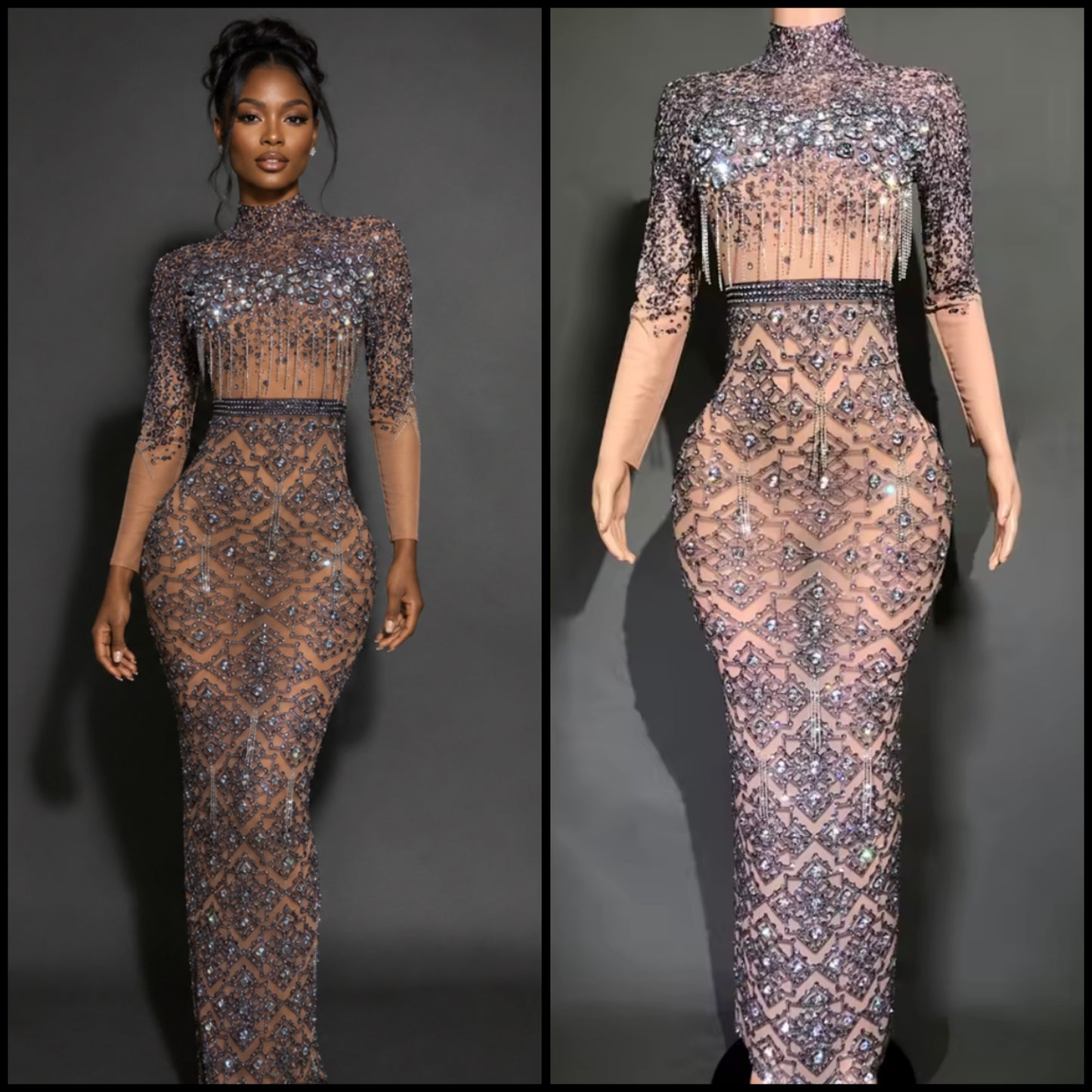 Sexy Rhinestone Tassel Full Sleeve Maxi Dress