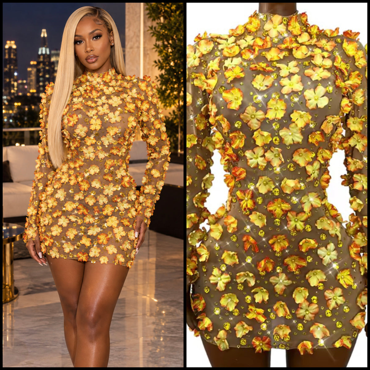 Sexy Full Sleeve Floral Rhinestone Short Dress