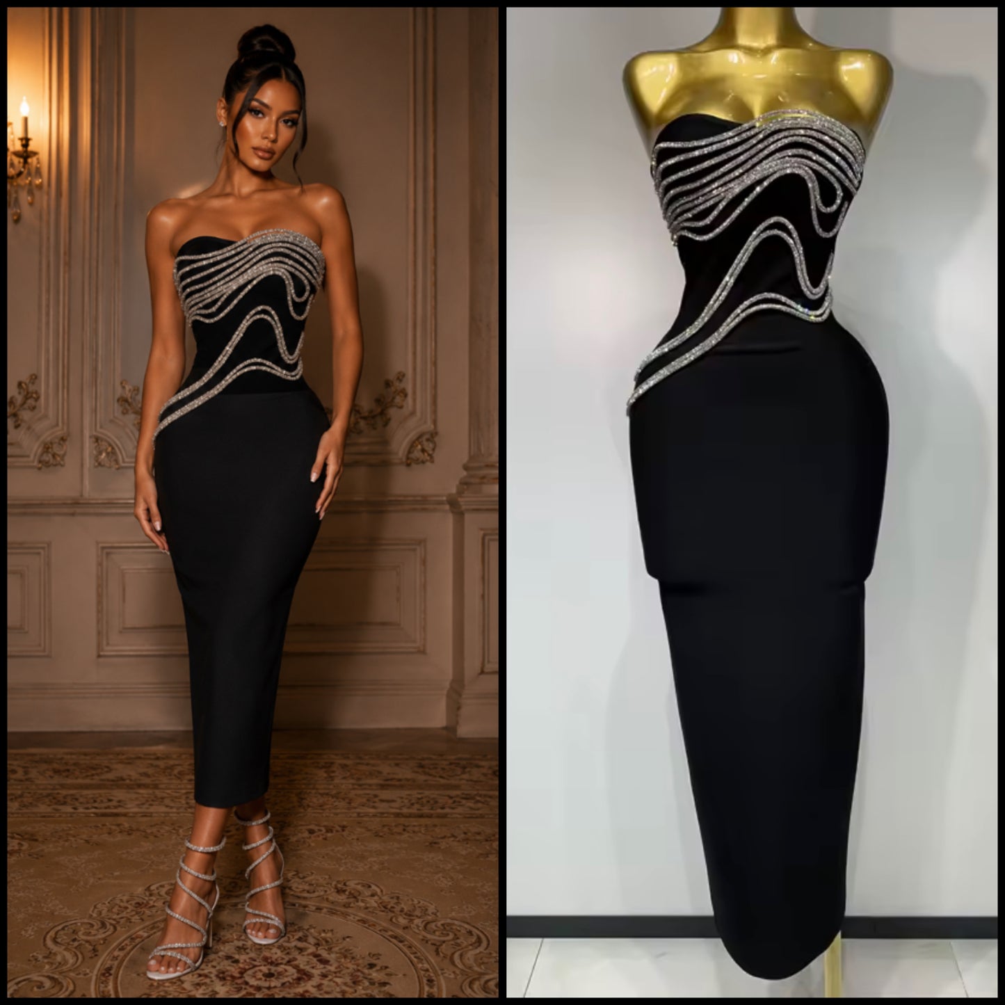 Sexy Black Strapless Rhinestone Embellishment Maxi Dress