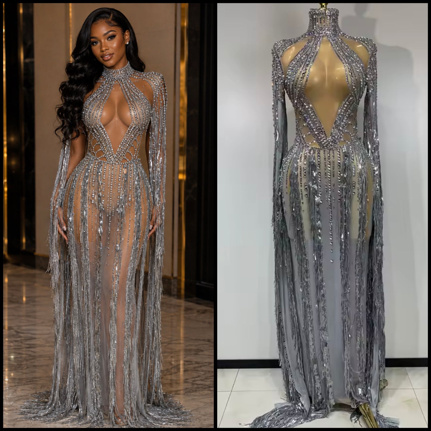 Silver Sexy Sequins Rhinestone Tassel See Through Maxi Dress
