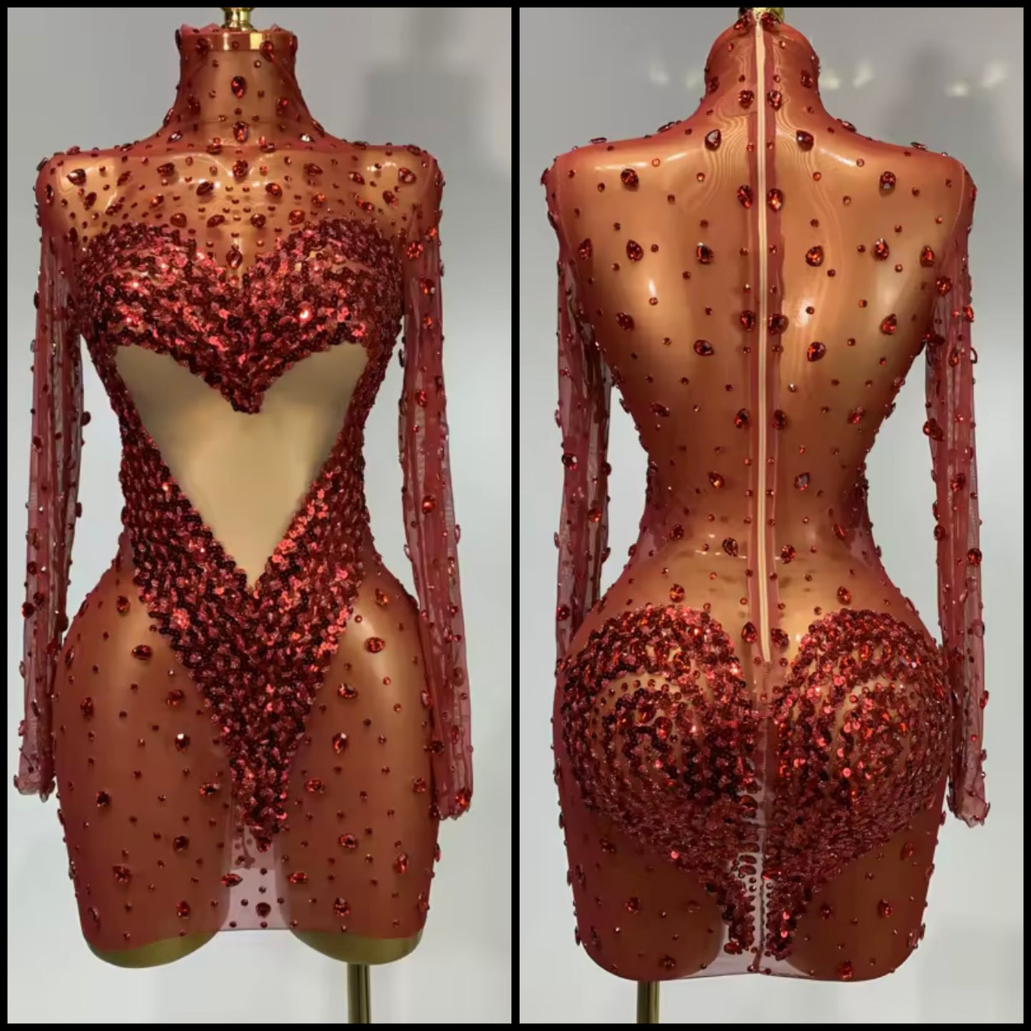 Sexy Sequins Rhinestone Heart Red Full Sleeve Dress