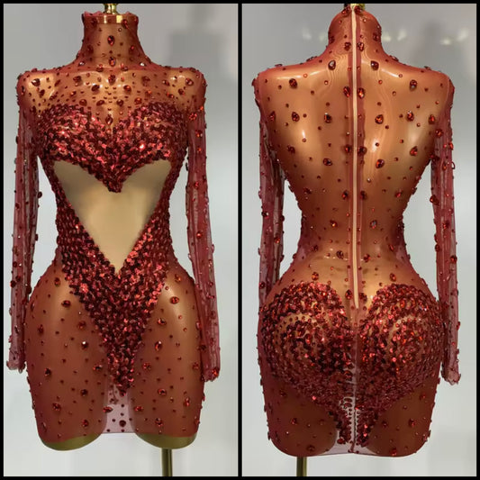 Sexy Sequins Rhinestone Heart Red Full Sleeve Dress