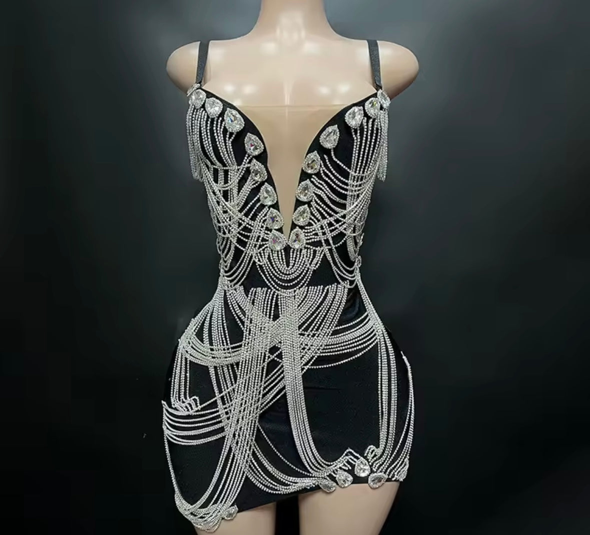 Sexy Sleeveless Crystal Rhinestone Tassel Dress