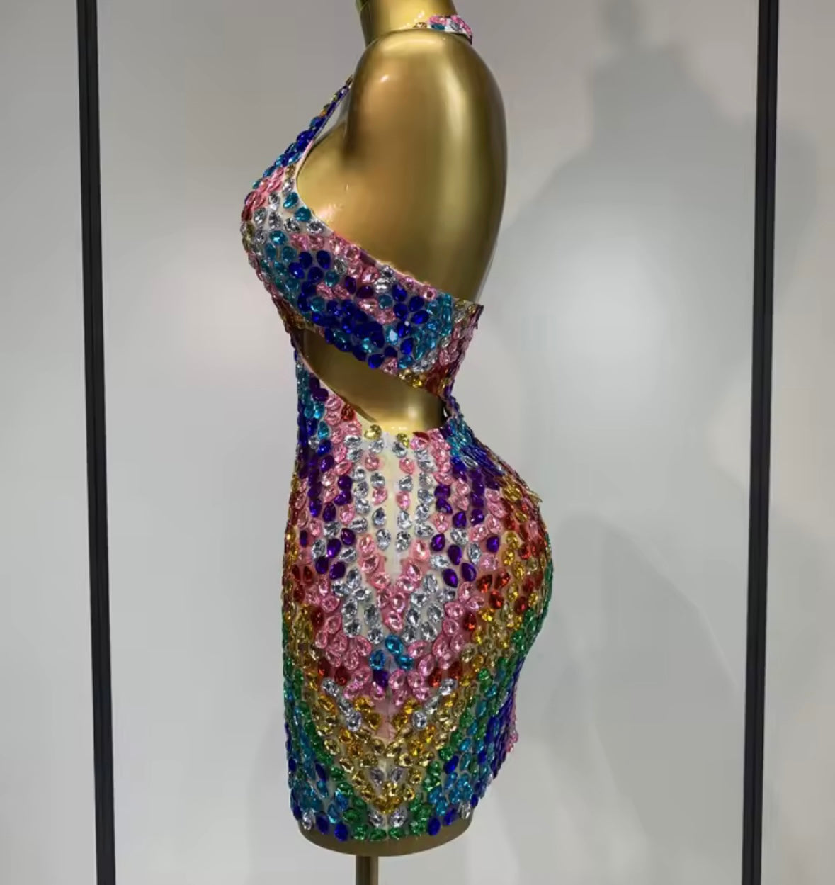 Sexy Halter Sleeveless Multicolored Rhinestone Dress