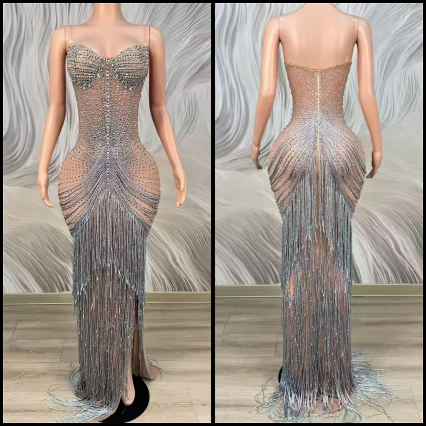 Sexy Sleeveless Rhinestone Embellishment Fringe Tassel Dress