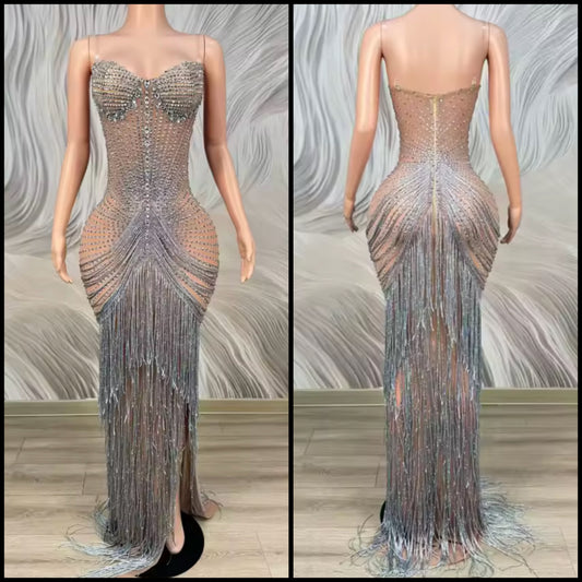 Sexy Sleeveless Rhinestone Embellishment Fringe Tassel Dress