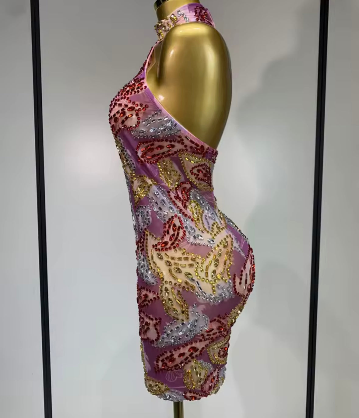 Multicolored Rhinestone Halter Sleeveless Dress