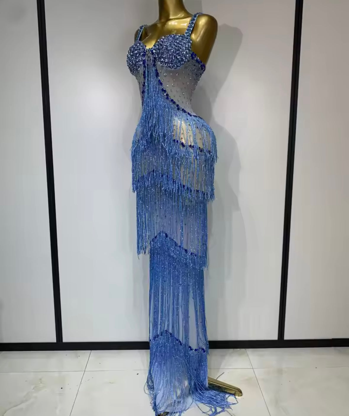 Sexy Blue Rhinestone Fringe Tassel Floor-Length Dress