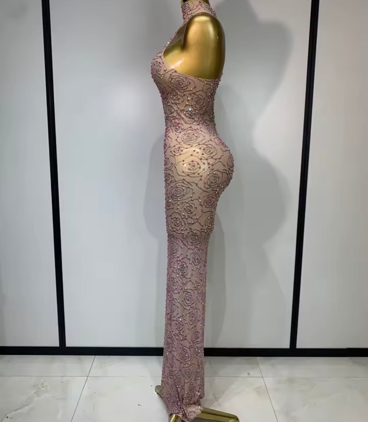 Sexy Printed Beaded Sleeveless See Through Floor-Length Dress