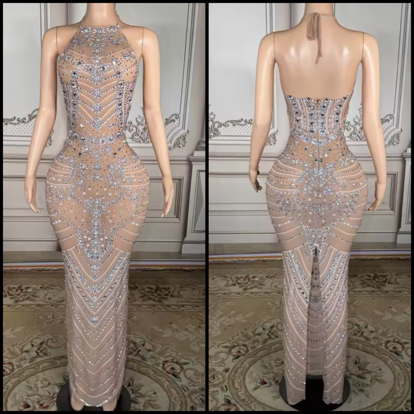 Sexy Halter Sleeveless Rhinestone Embellishment Maxi Dress