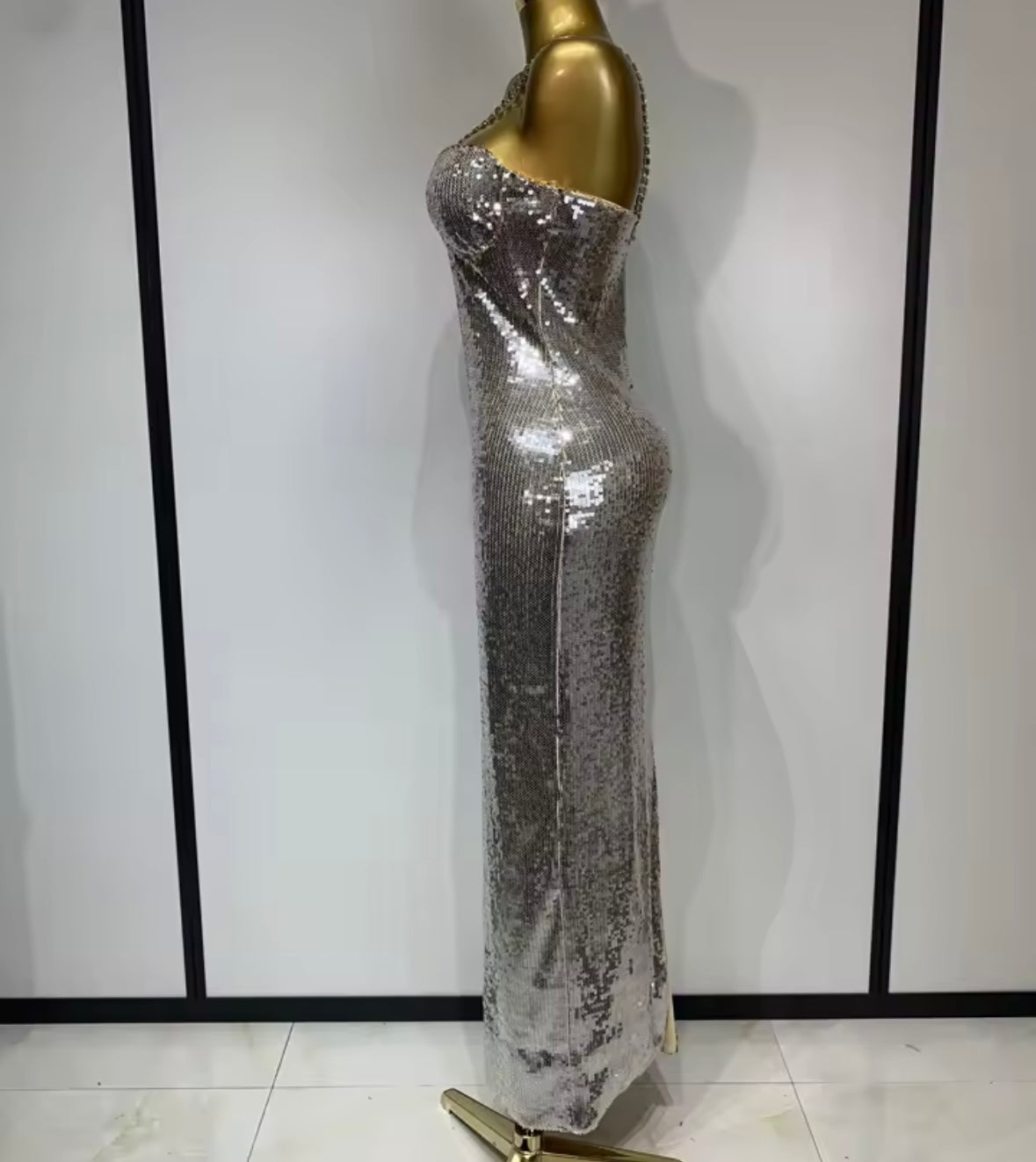 Sexy Rhinestone Halter Sleeveless Sequins Maxi Dress
