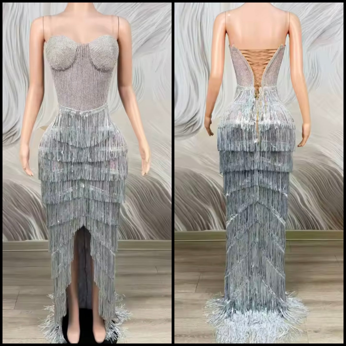 Sexy Sleeveless Silver Rhinestone Fringe Tassel Maxi Dress