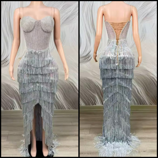 Sexy Sleeveless Silver Rhinestone Fringe Tassel Maxi Dress