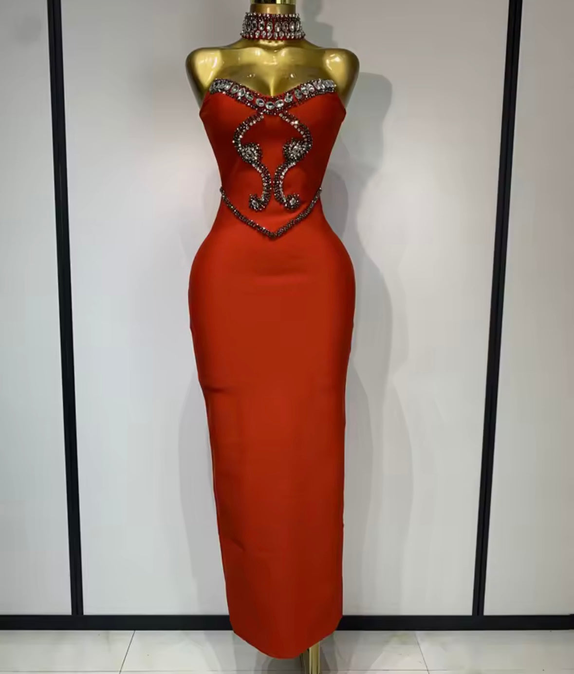 Rhinestone Choker Strapless Elegant Dress