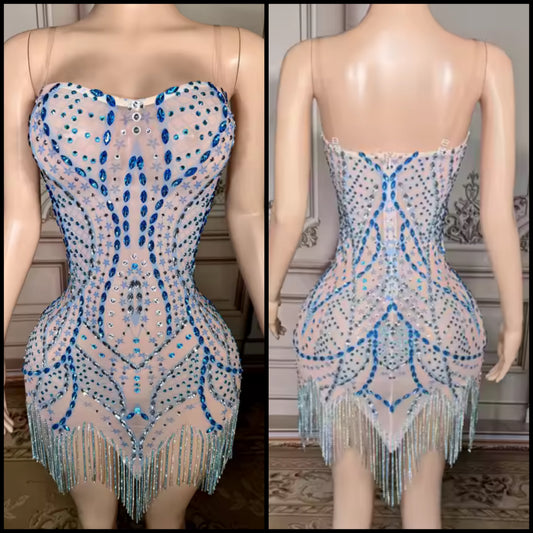 Sexy Strapless Blue Rhinestone Embellishment Tassel Dress