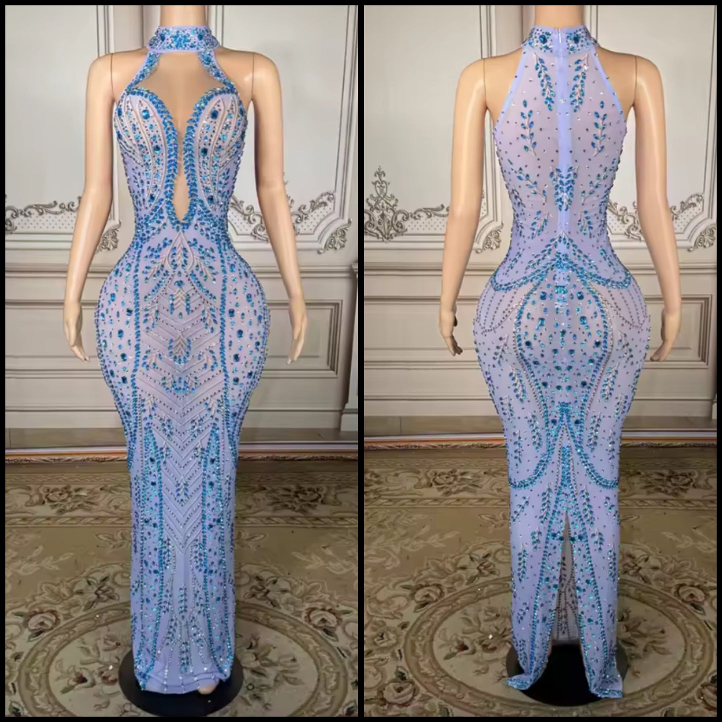 Sexy Blue Sleeveless Rhinestone Embellishment Maxi Dress
