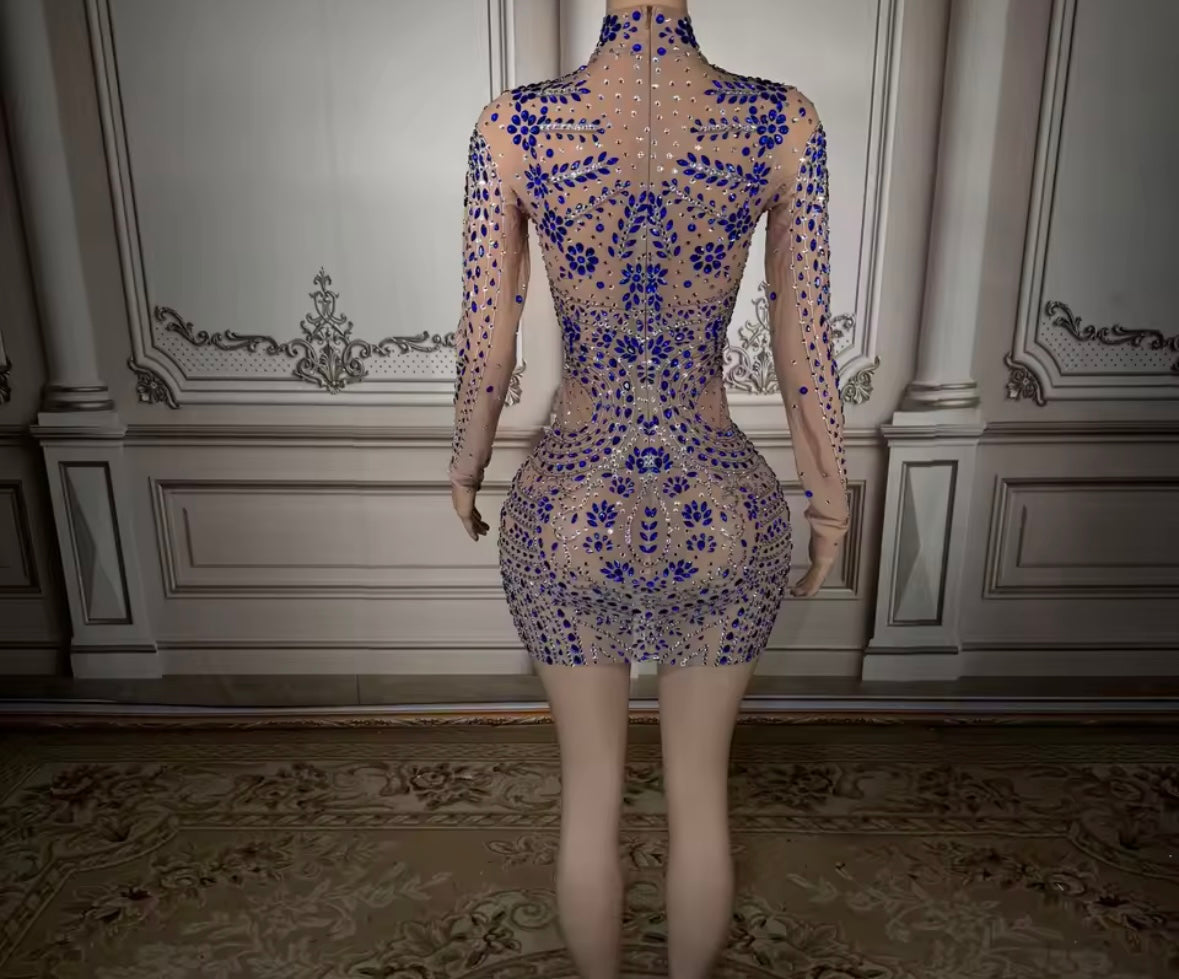 Blue Rhinestone Embellishment See Through Sexy Dress