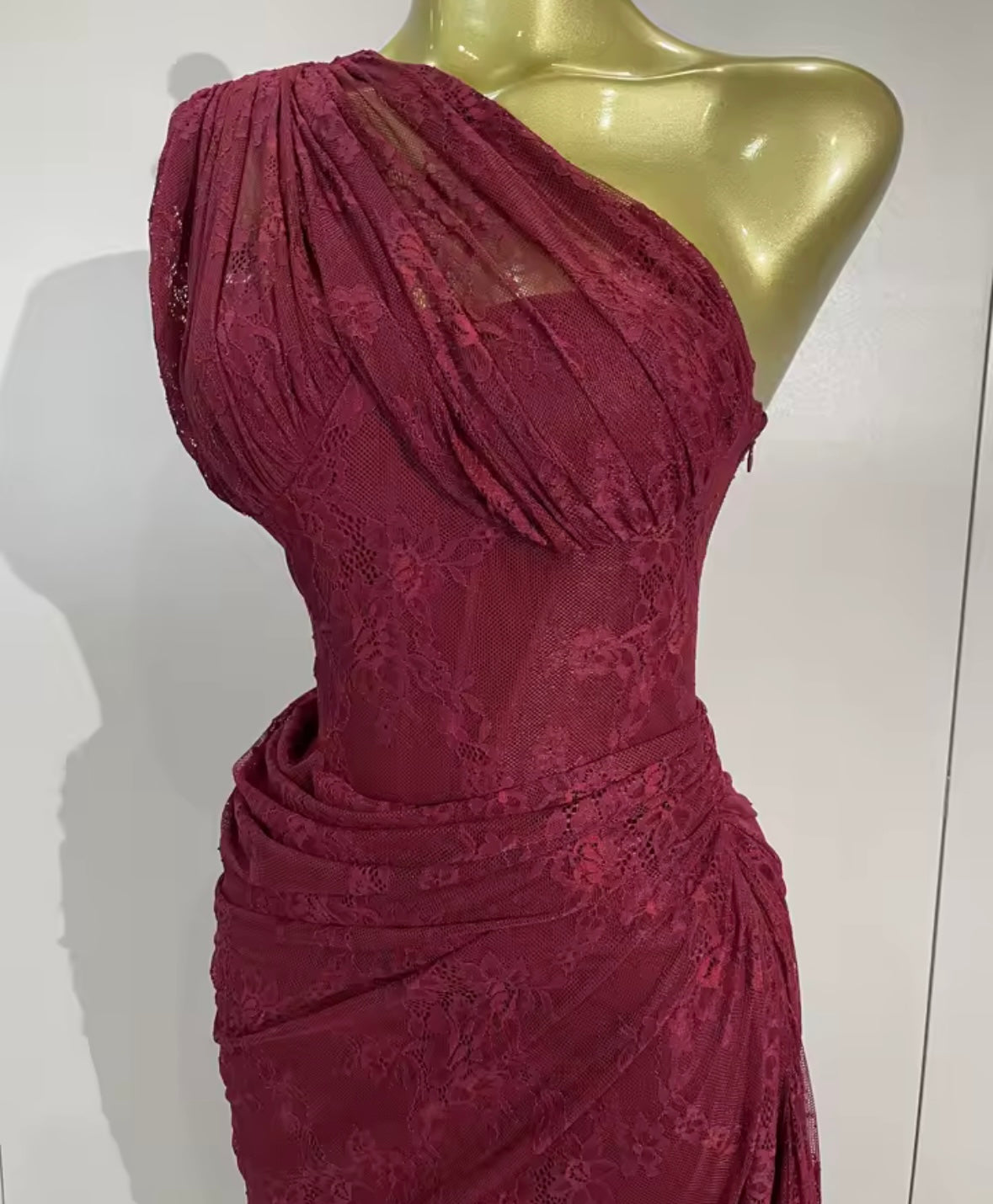 Sexy Burgundy One Shoulder Lace Side Split Maxi Dress
