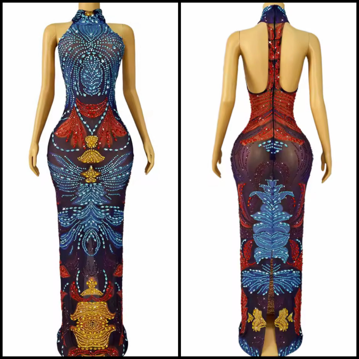 Sexy Halter Sleeveless Colorful Rhinestone Maxi Dress