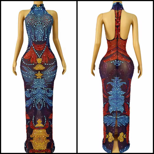 Sexy Halter Sleeveless Colorful Rhinestone Maxi Dress